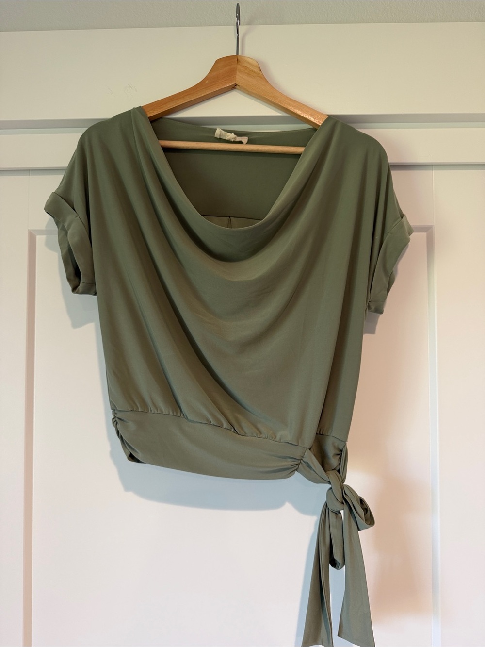 meraki Olive Green Draped Tie-Waist Blouse